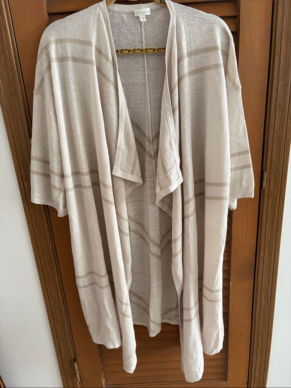 Garnet Hill Cream and Tan Open-Front Lightweight Cardigan